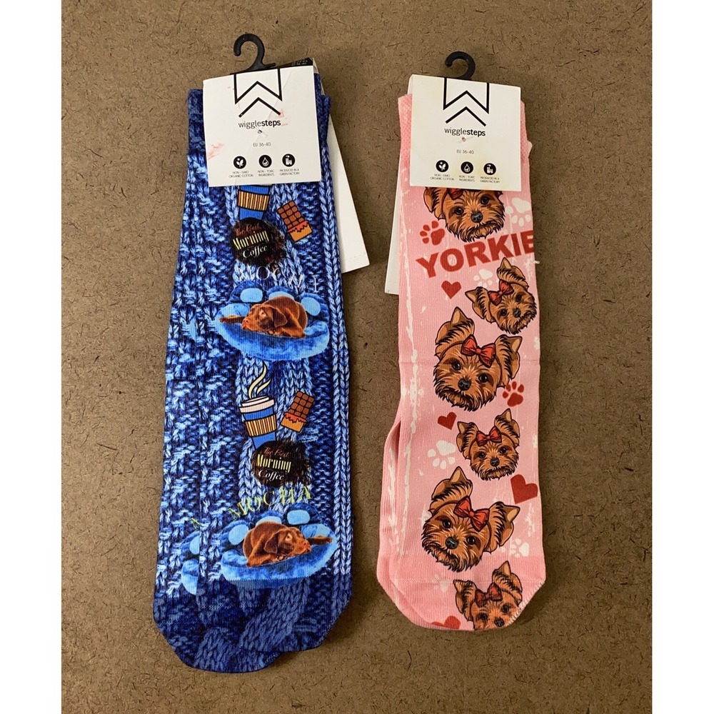 Wigglesteps Adult Shoe Size 5.5-9.5 Blue Coffee & Pink Yorkie Socks 2 Pair NWT